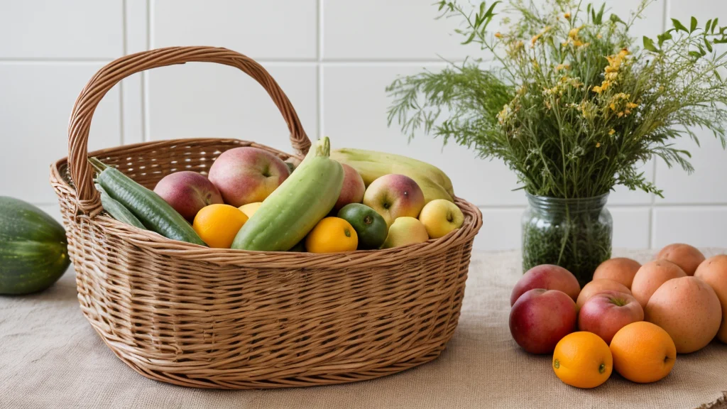 Корзина со свежими продуктами на фоне размытых полок супермаркета
