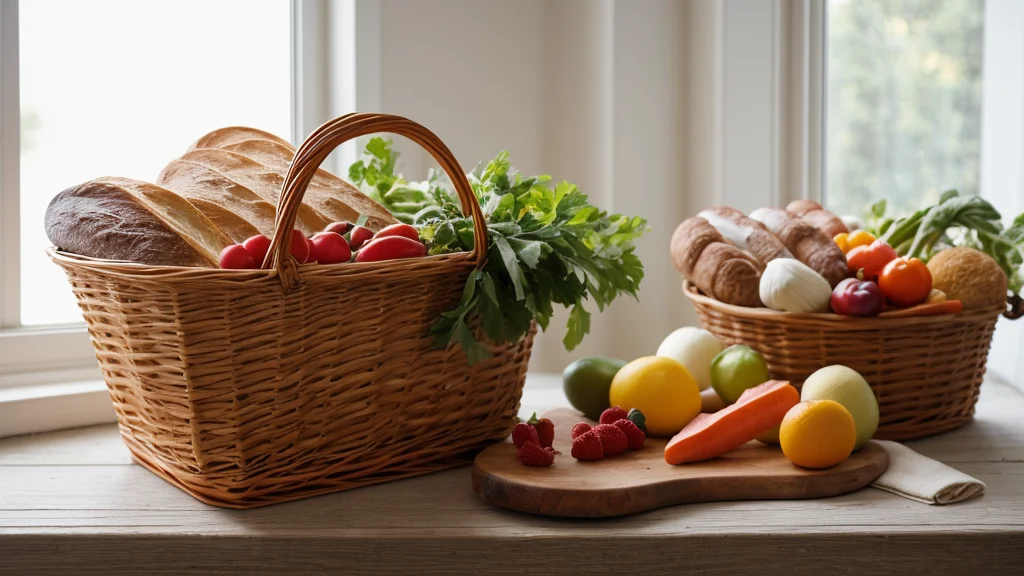 Корзина с продуктами на деревянном столе при естественном освещении